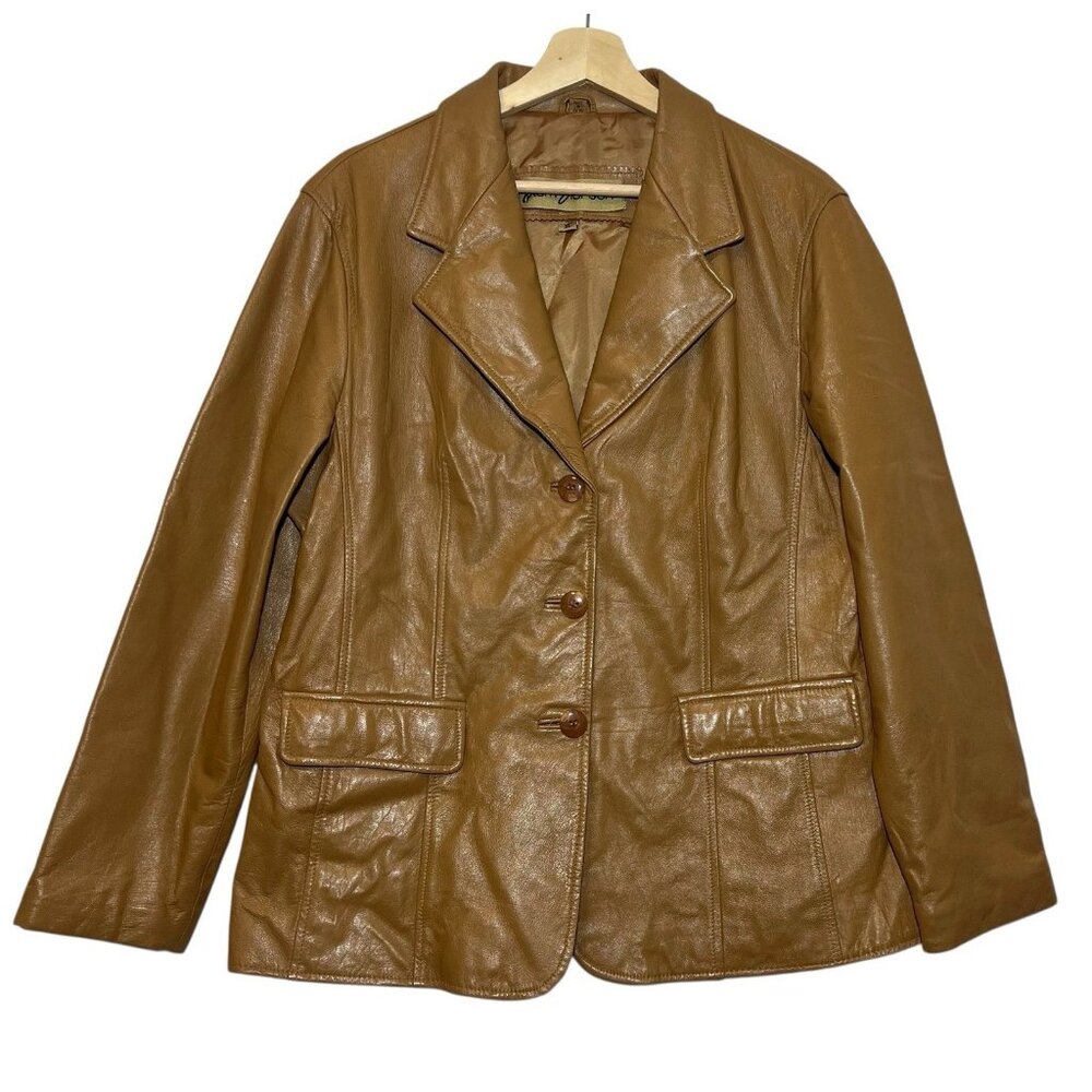 Rem Garson Women’s Winter Leather Genuine Jacket Brown Button size XL Pockets